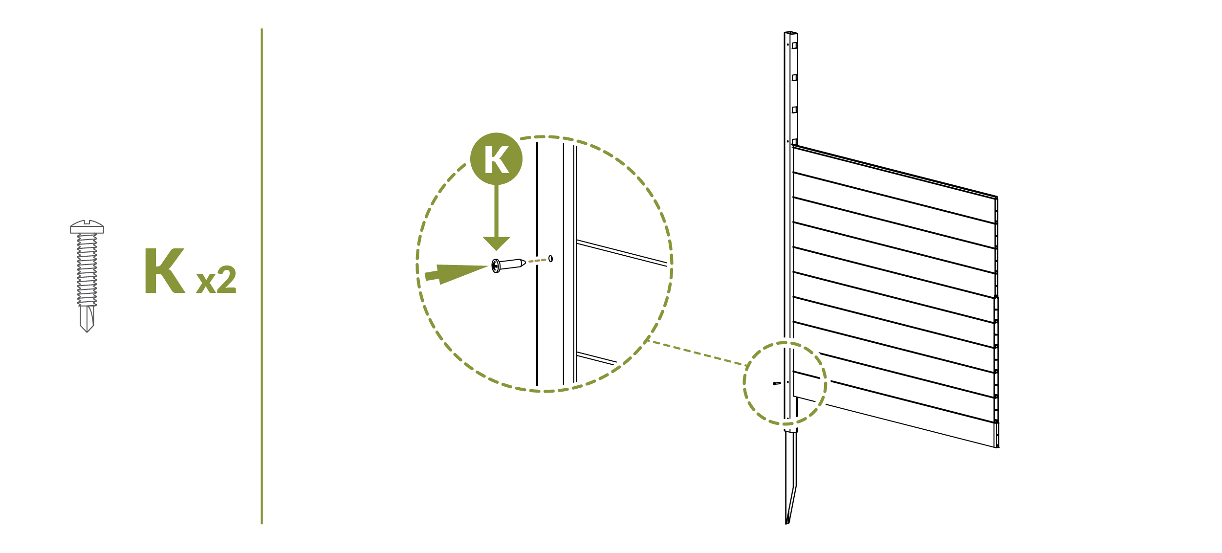 Drive screws into lowest pre-drilled hole on left post