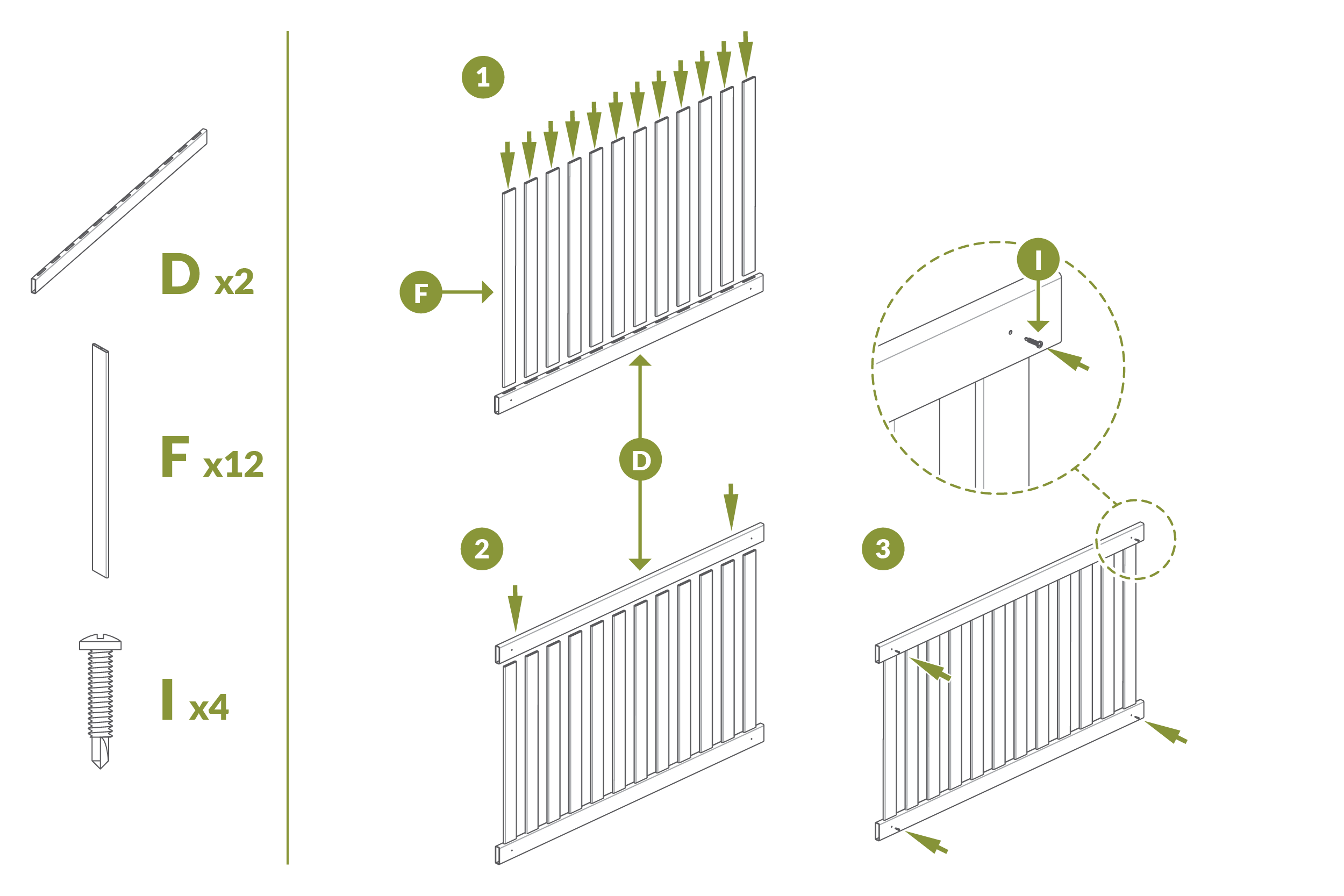 Step 2.1 Insert Pickets into rails and screw together