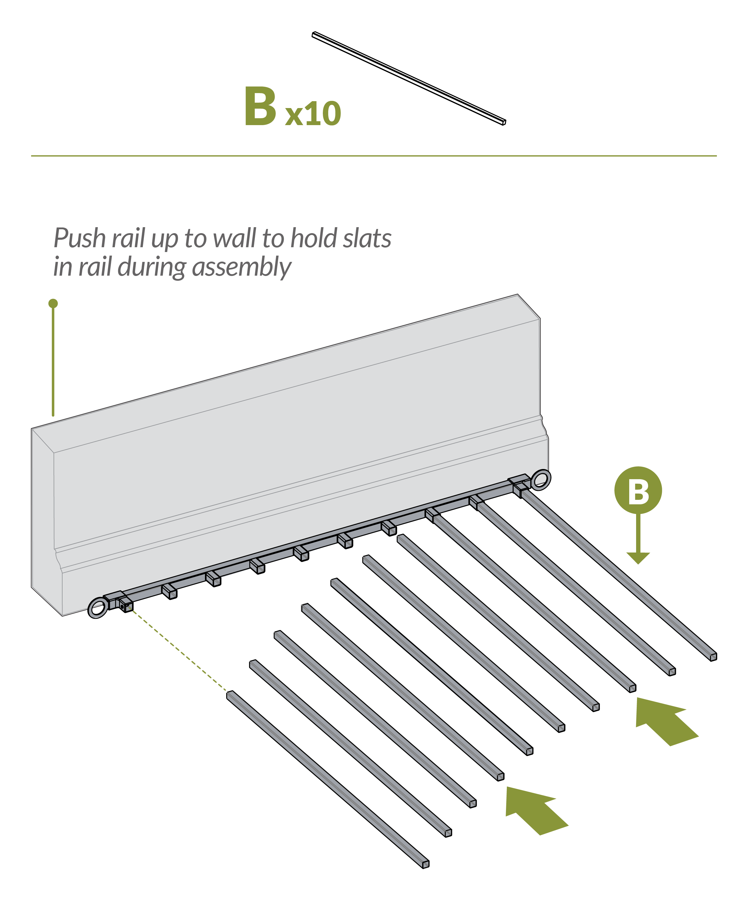 Step 2 - Push rail (part A) against wall and insert slats