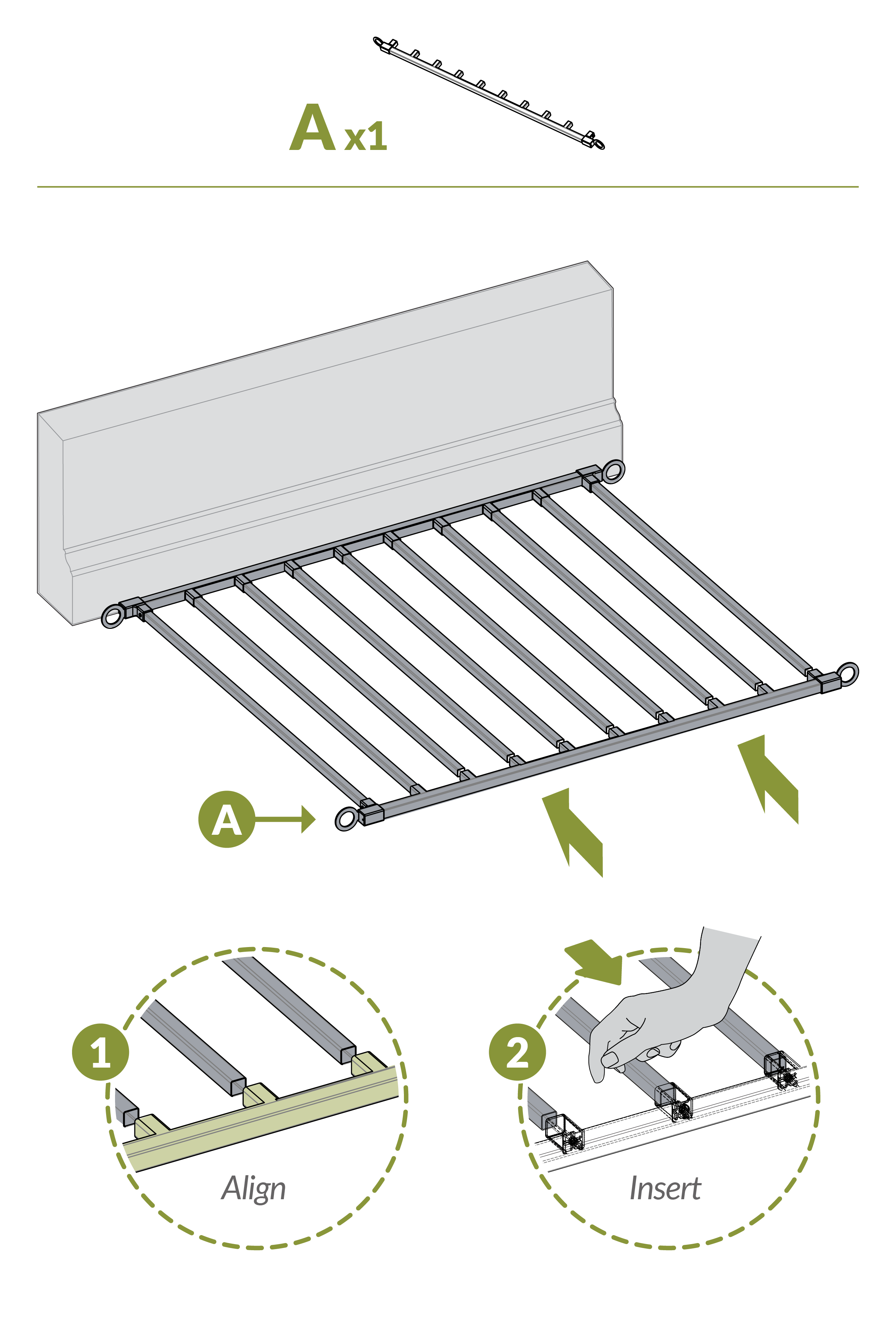Step 3 - align/insert Pickets (part B) into rail (part A)