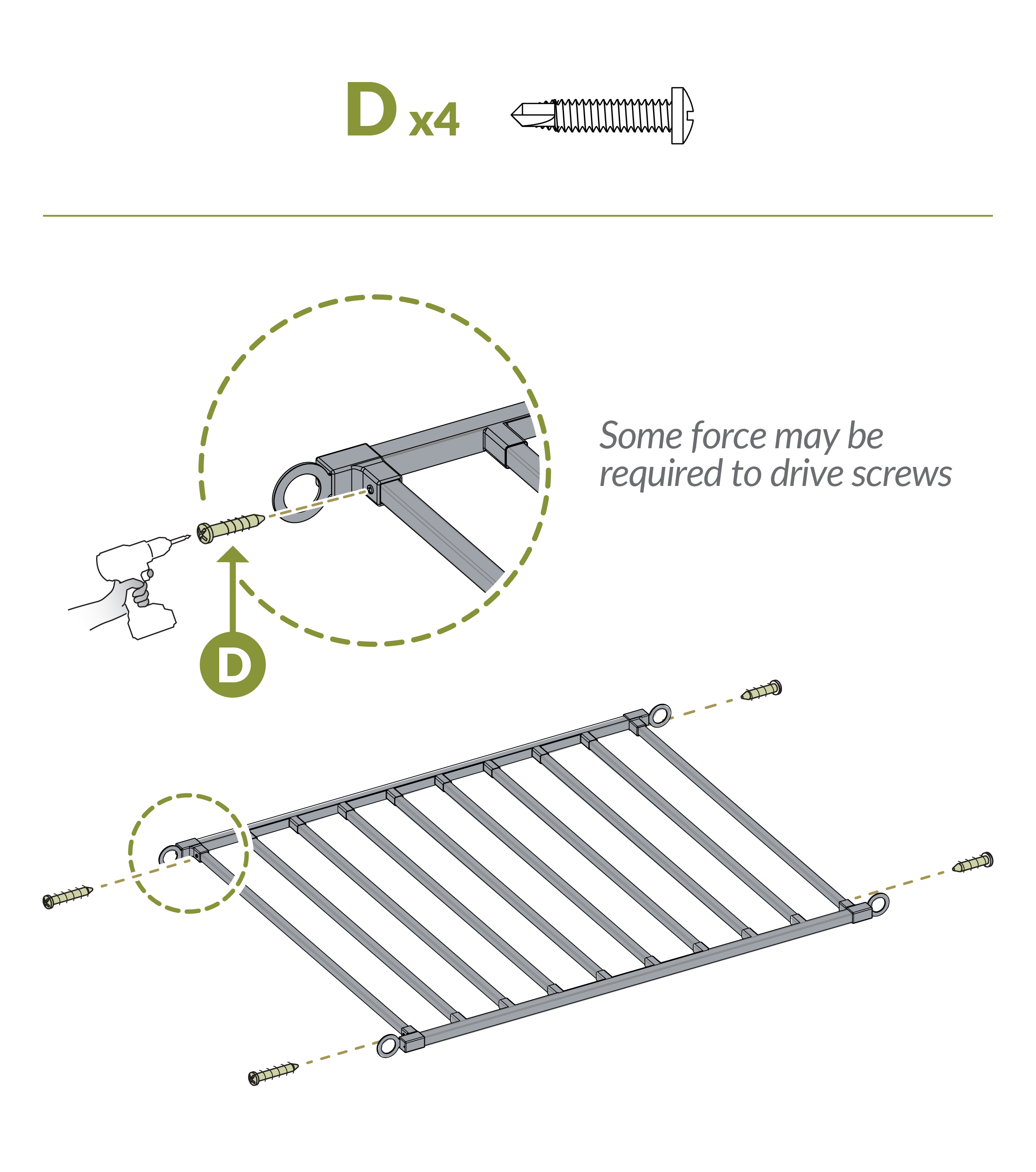 Step 4 - Install screws (part D) into Rail (part A)