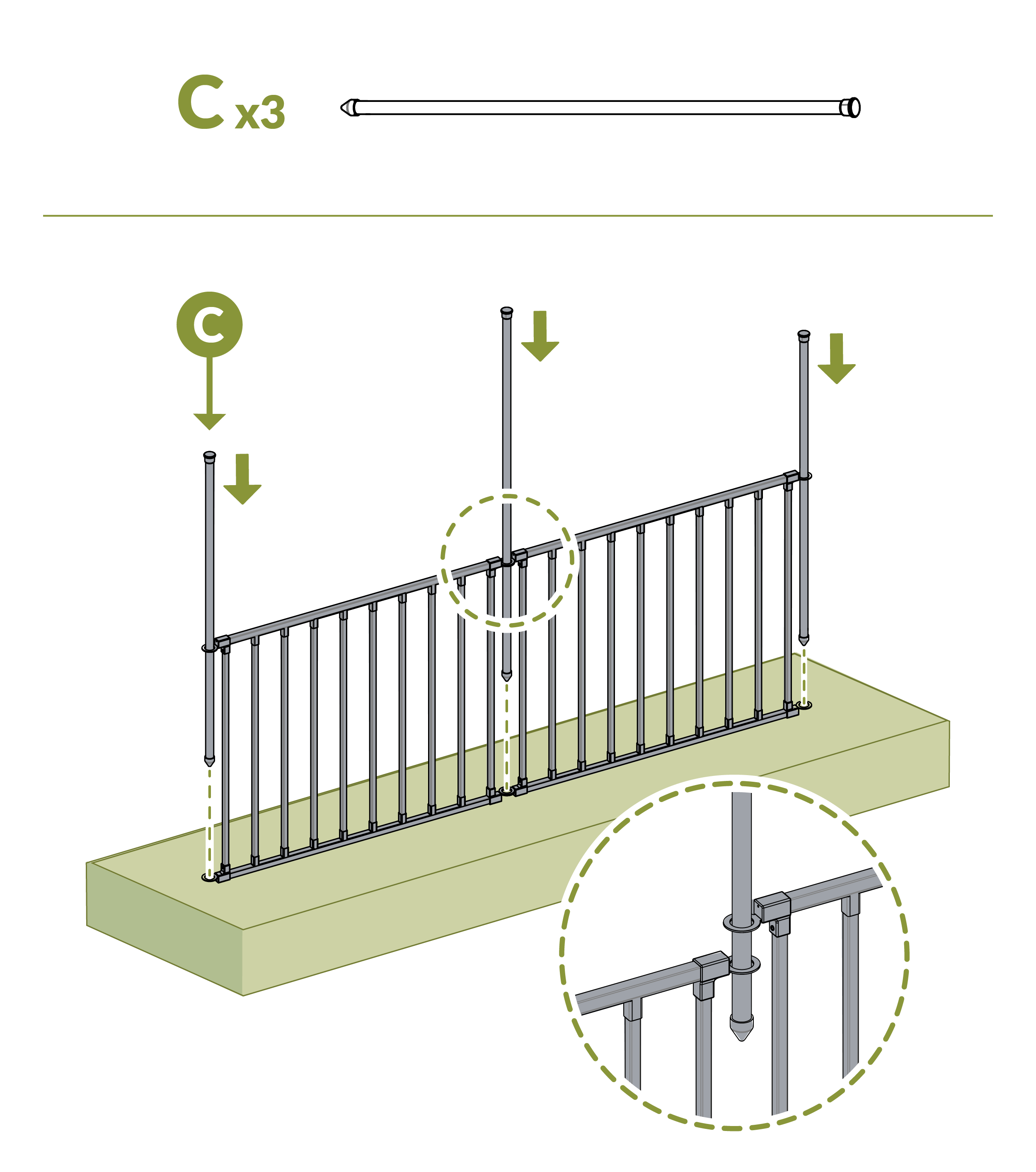 Step 5 - Insert stakes (part C) through rails (part A)