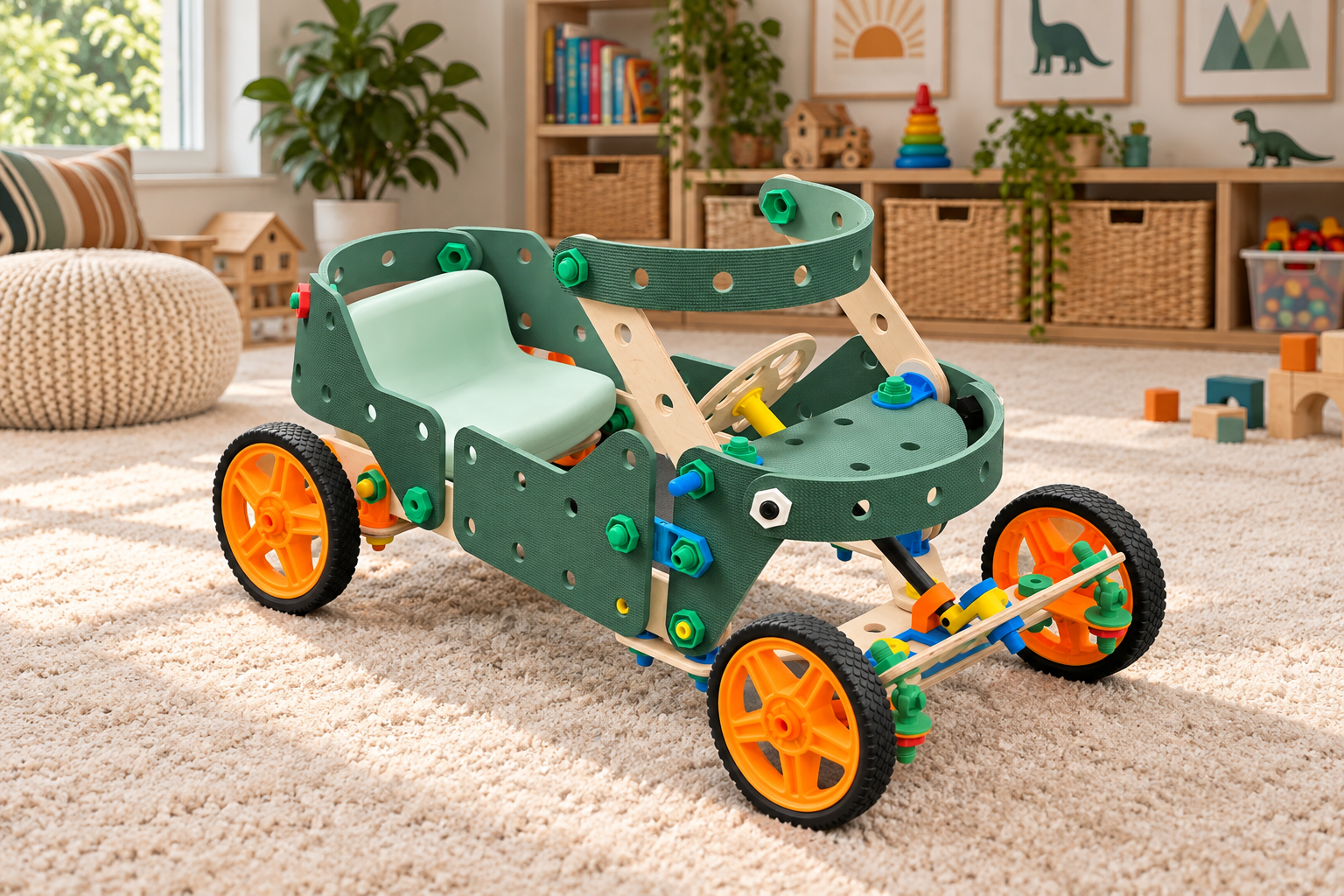 A ride-on car with a seat and orange wheels built from Tanobi panels