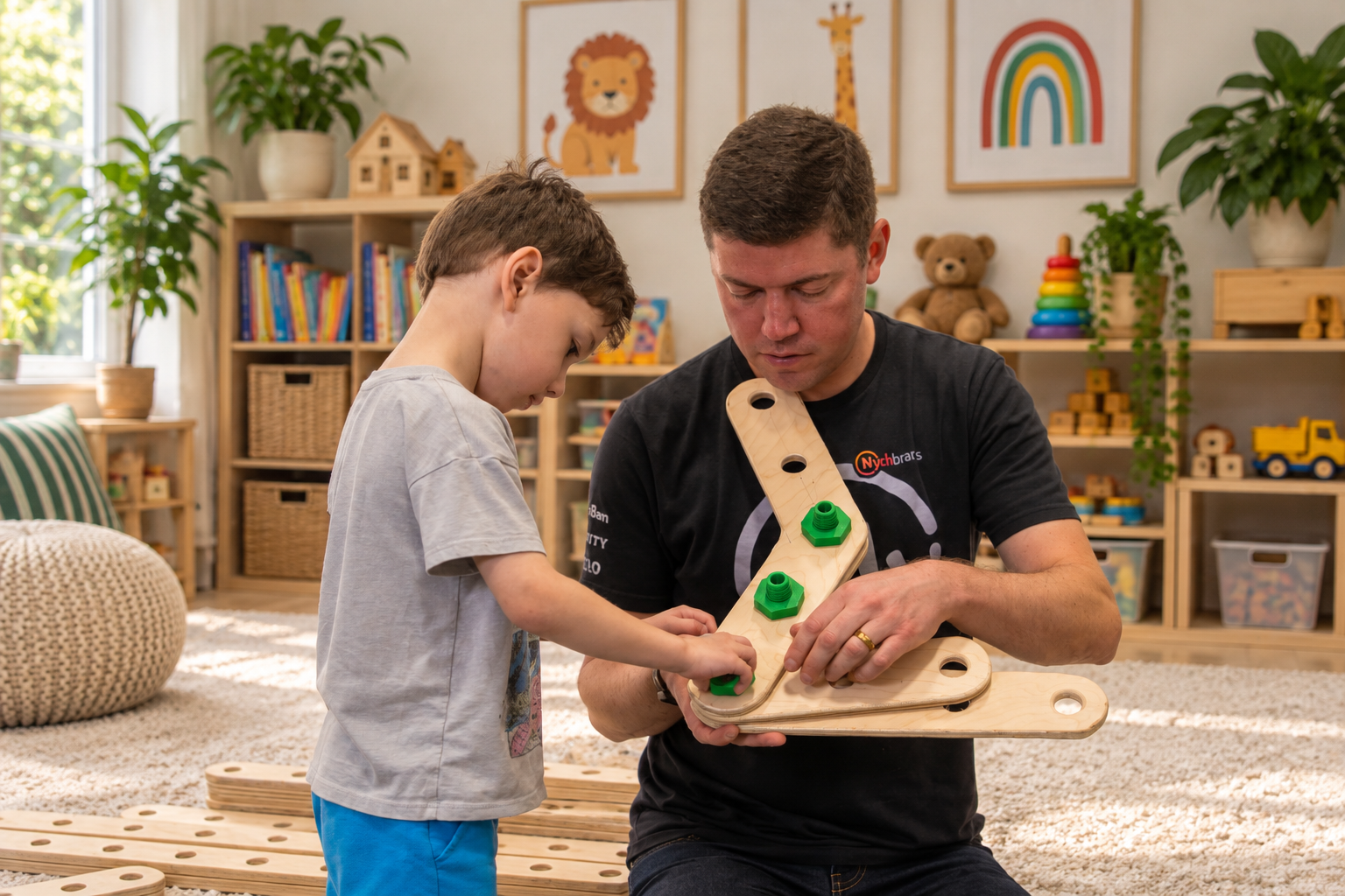 A parent and child bolting Tanobi planks together