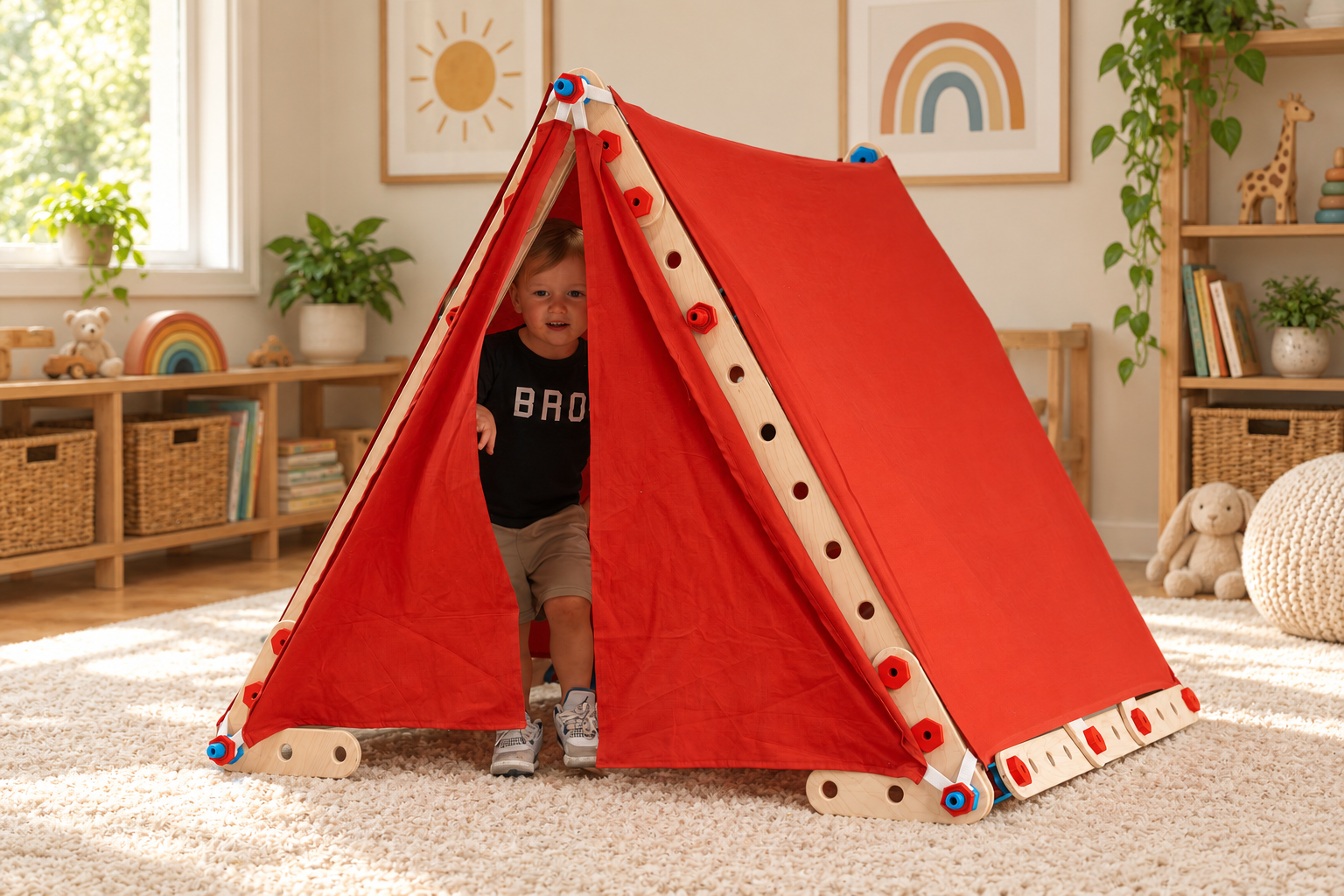 A toddler stepping out of a red play tent built from Tanobi planks