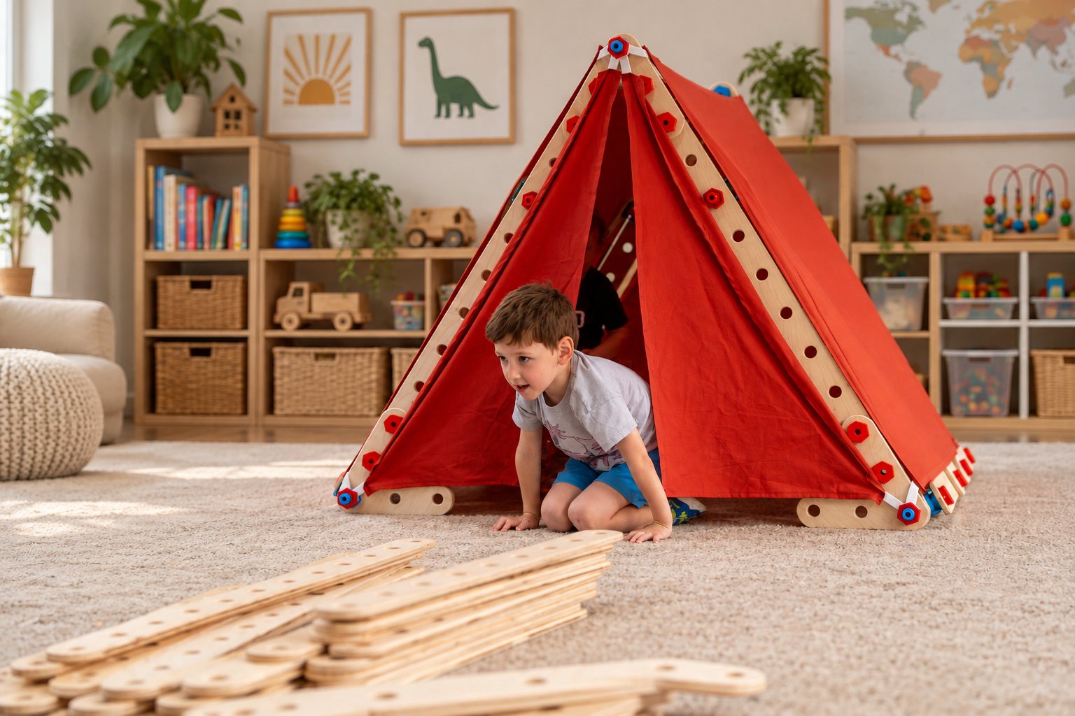 A child crawling out of a red fabric tent built from Tanobi planks