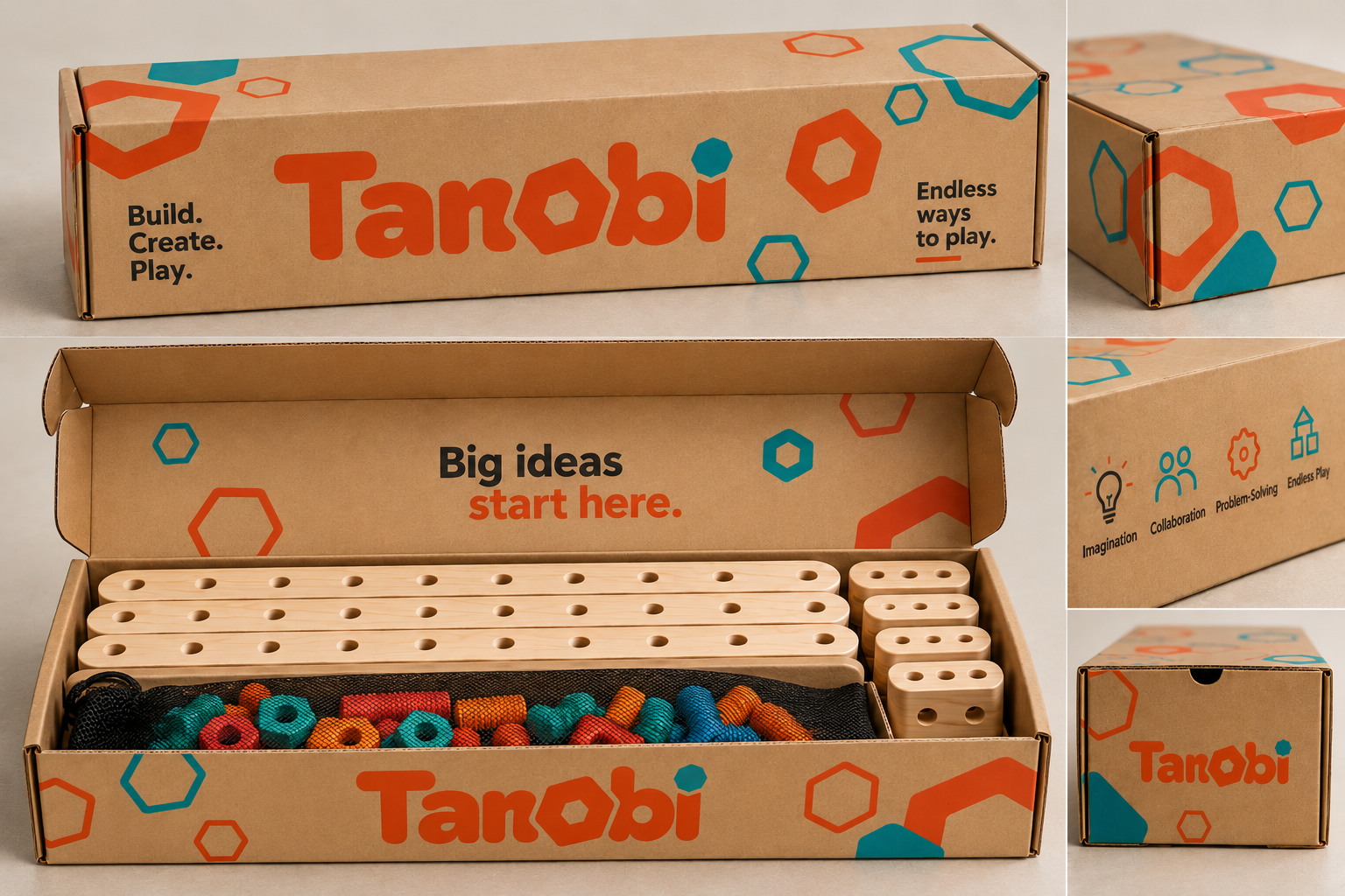 An open Tanobi box with wooden panels, planks, connectors and a bag of colored bolts